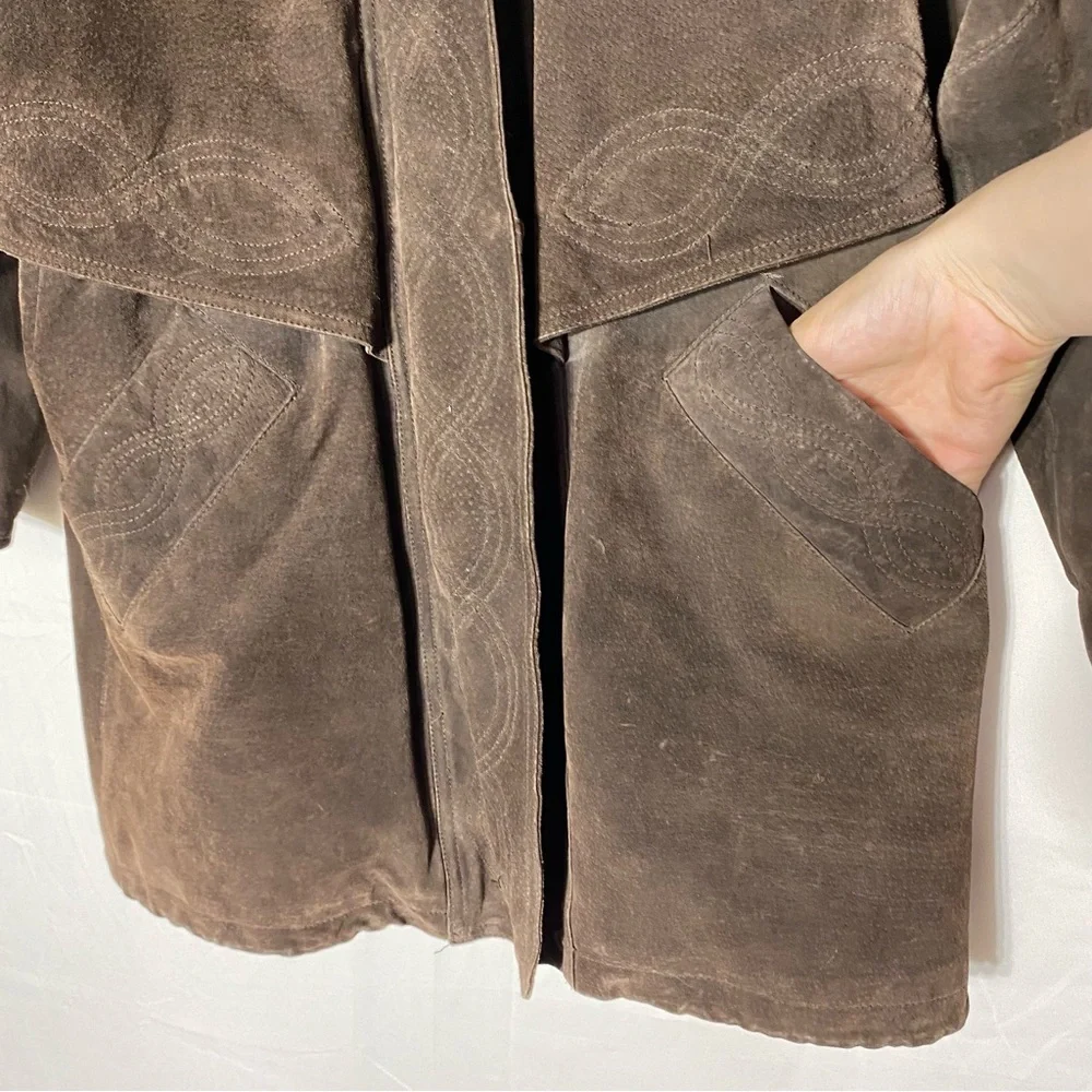 Vintage 90s Outlook Brown Suede Leather Coat With Drawstring Waist M - Picture 10 of 16